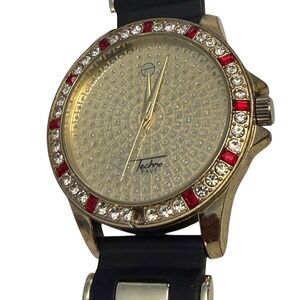 Techno Pave 8241 Quartz Watch Gold‎ Tone Red Crystal Bezel Black Strap Working